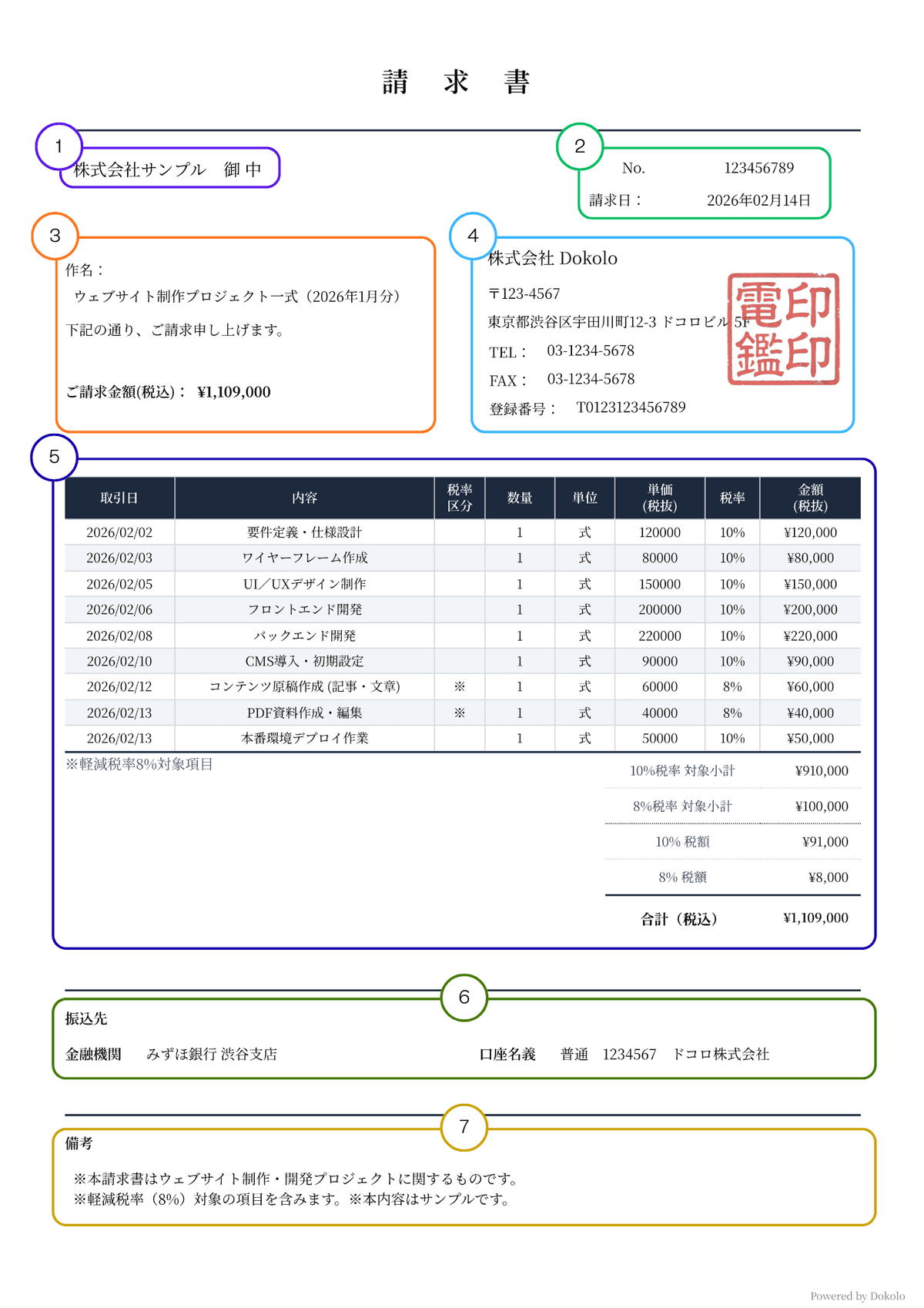 번호가 표시된 일본 청구서 샘플